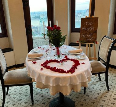 Exquisitely decorated table in Budapest, prepared for a romantic engagement celebration