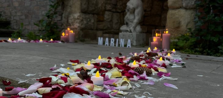 Rose petals and candles leading to a 'Will You Marry Me' LED sign in a castle proposal setup in Budapest